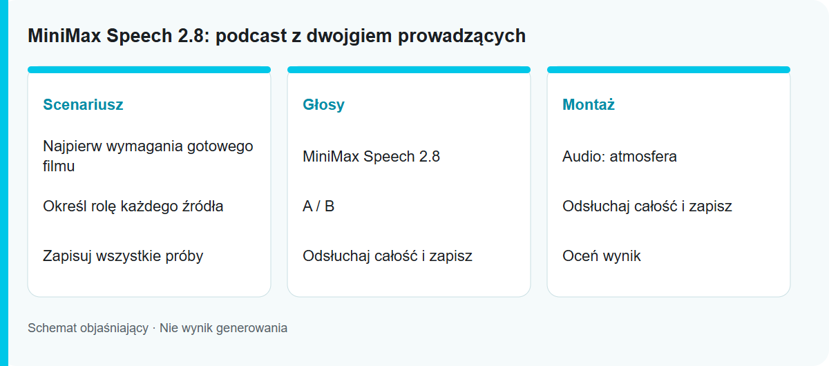 MiniMax Speech 2.8: podcast z dwojgiem prowadzących: Schemat procesu, nie przetestowany wynik modelu