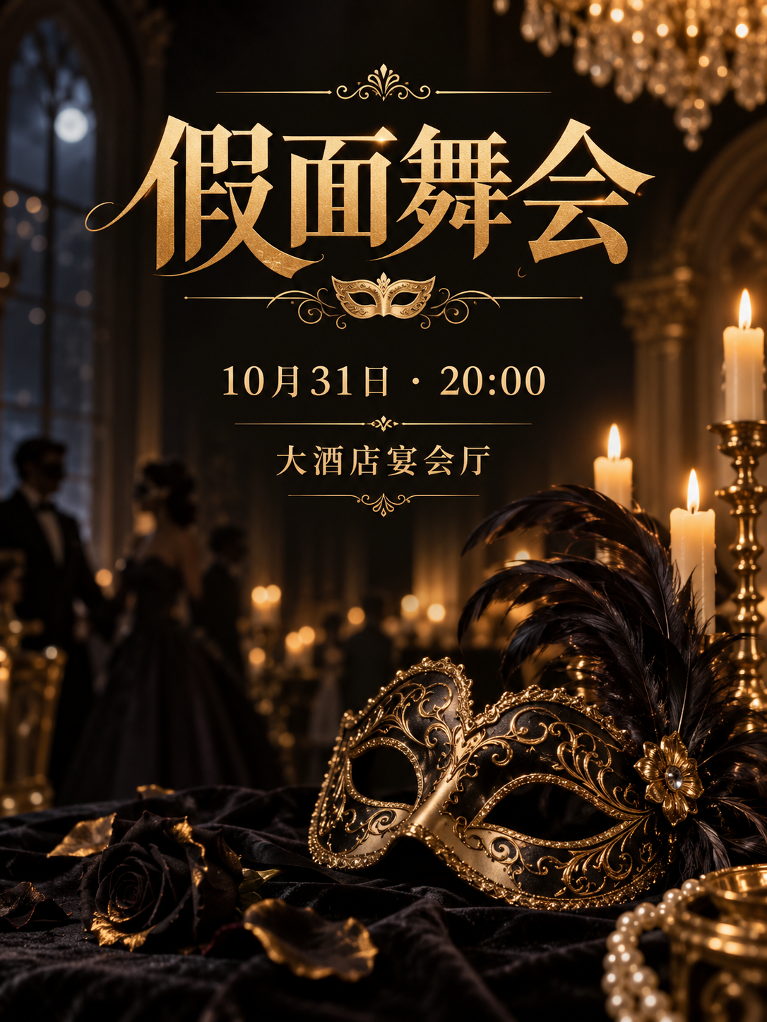 面具与烛光组成的黑金舞会海报