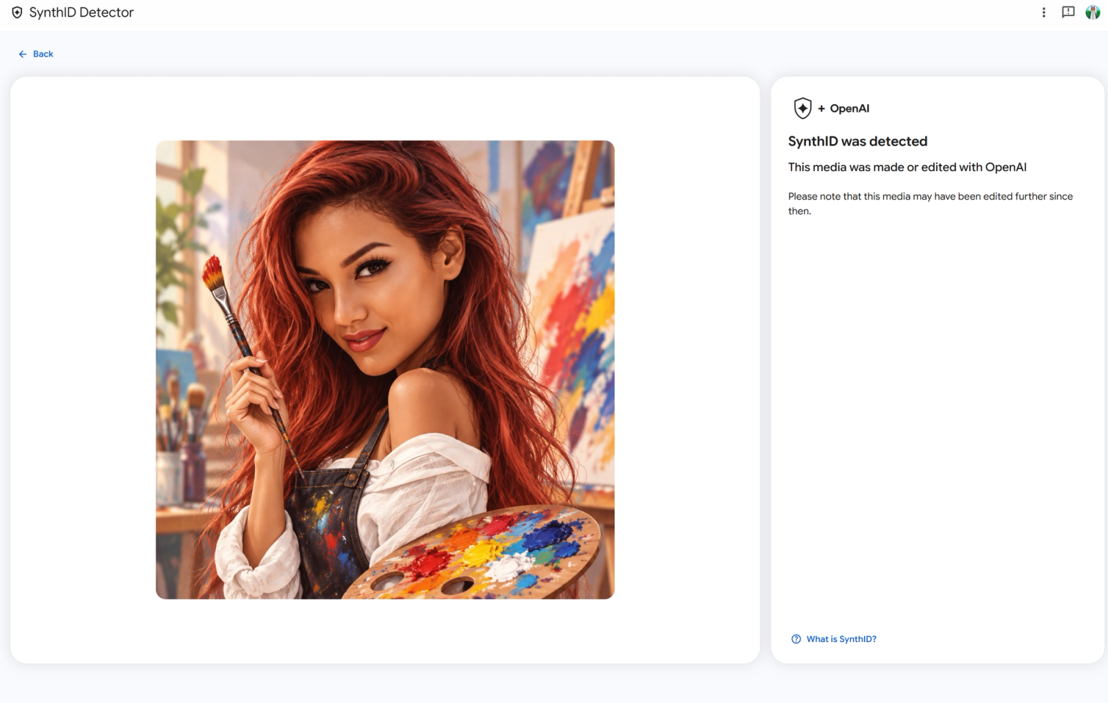 SynthID Detector identifying an OpenAI watermark in an image of a red-haired painter