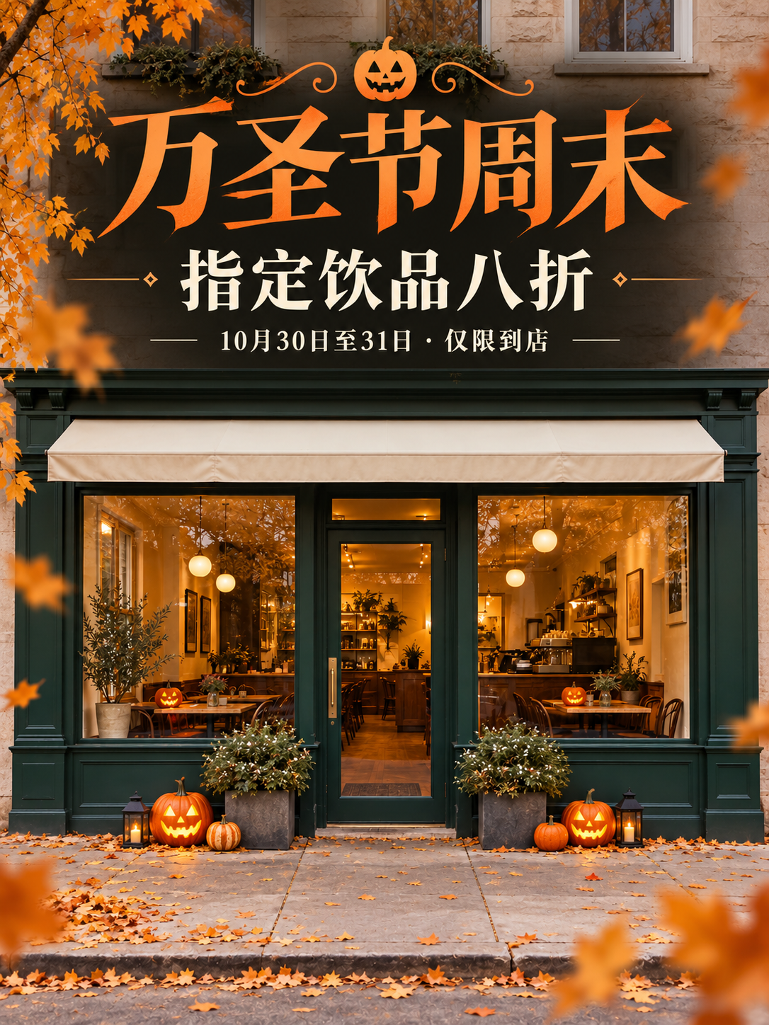 以咖啡店入口和橱窗为主视觉的促销海报