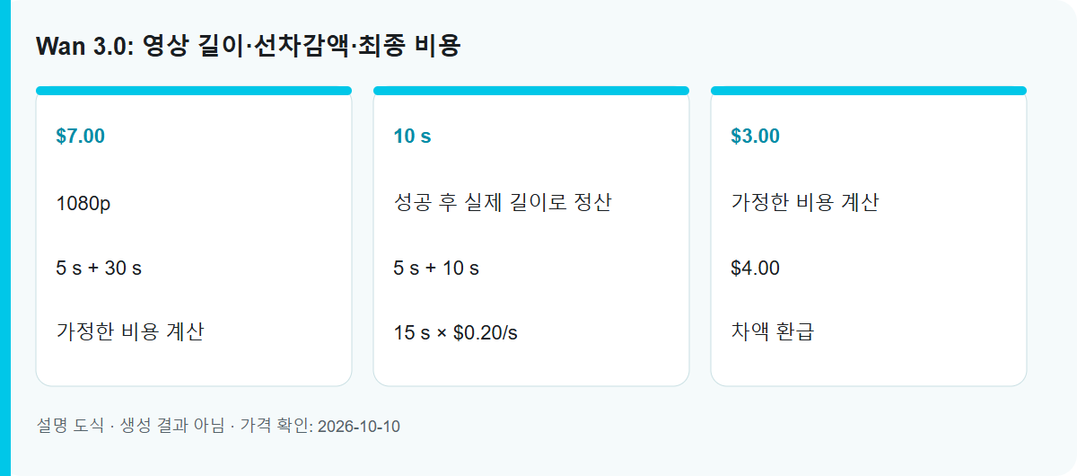 Wan 3.0: 영상 길이·선차감액·최종 비용: 설명용 작업 도식이며 실측 생성 결과가 아닙니다.
