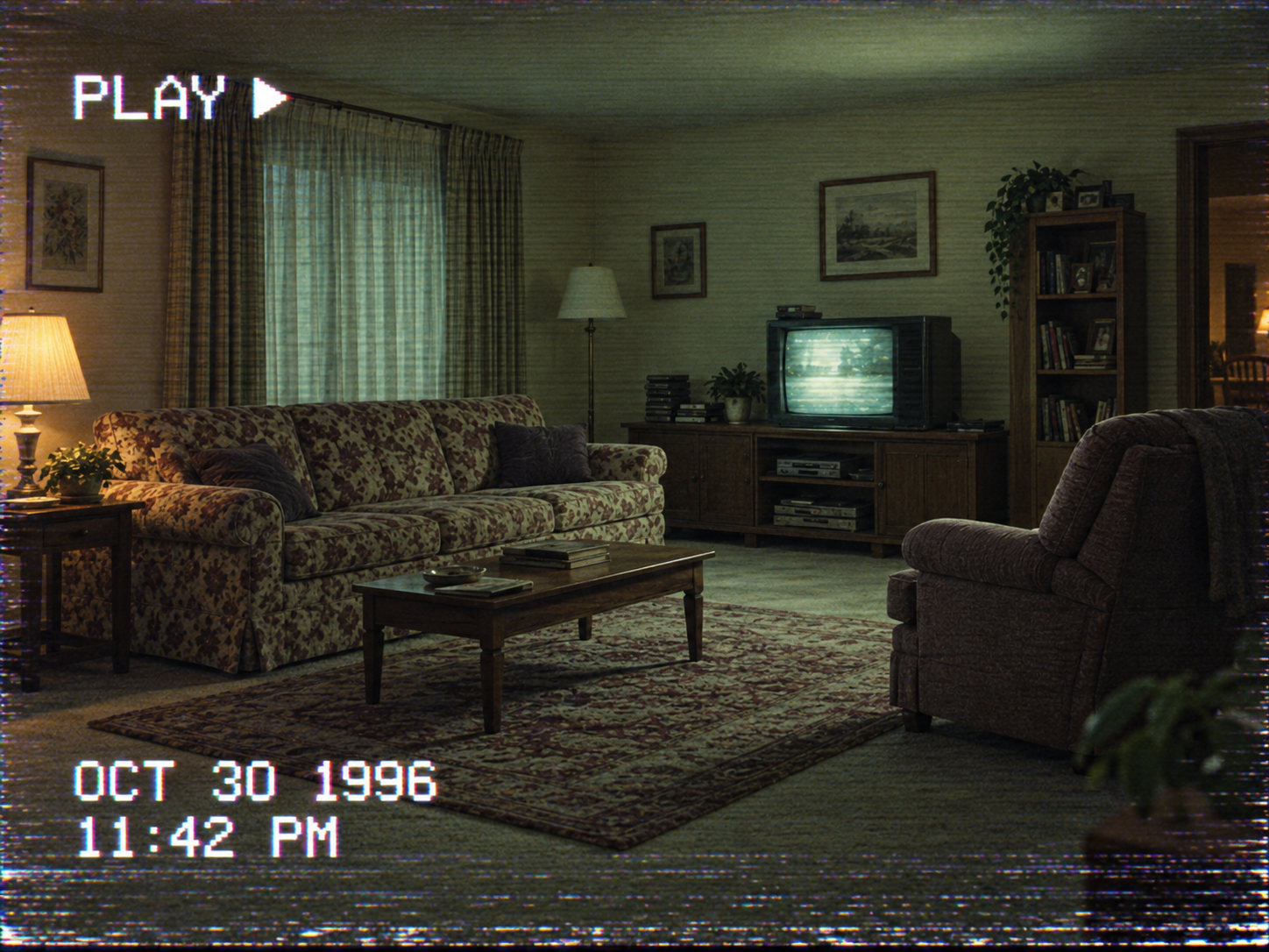 Living room with a floral sofa and CRT television, PLAY at top left and a timestamp at bottom left