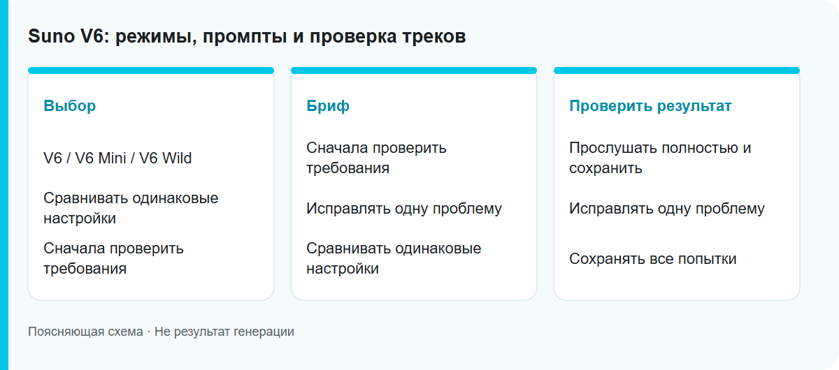 Suno V6: режимы, промпты и проверка треков: Схема процесса, не проверенный результат модели