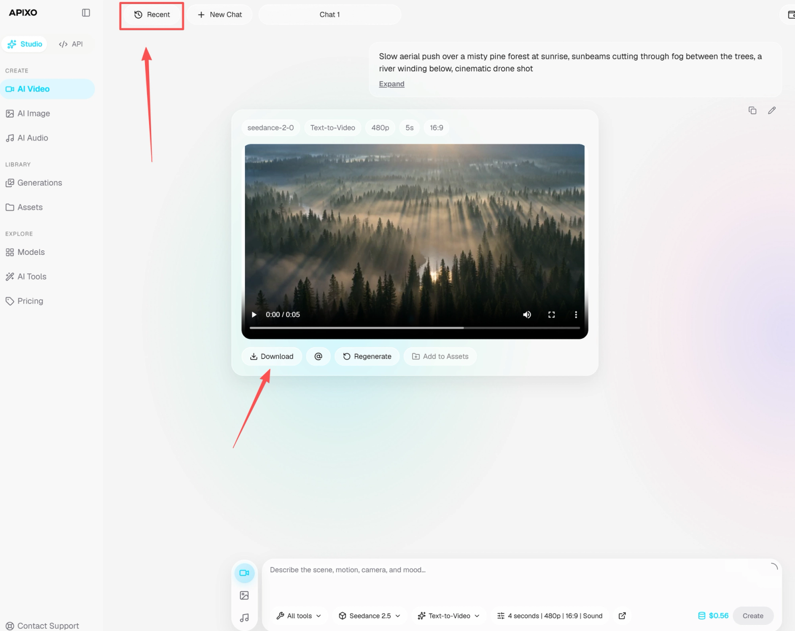 APIXO video result with arrows pointing to the Download button and Recent conversations entry