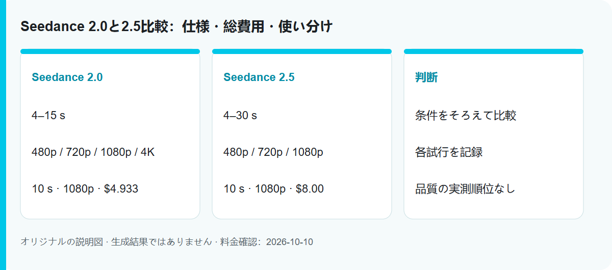 Seedance 2.0と2.5比較:仕様・総費用・使い分け: 手順の説明図。モデルの実測結果ではありません