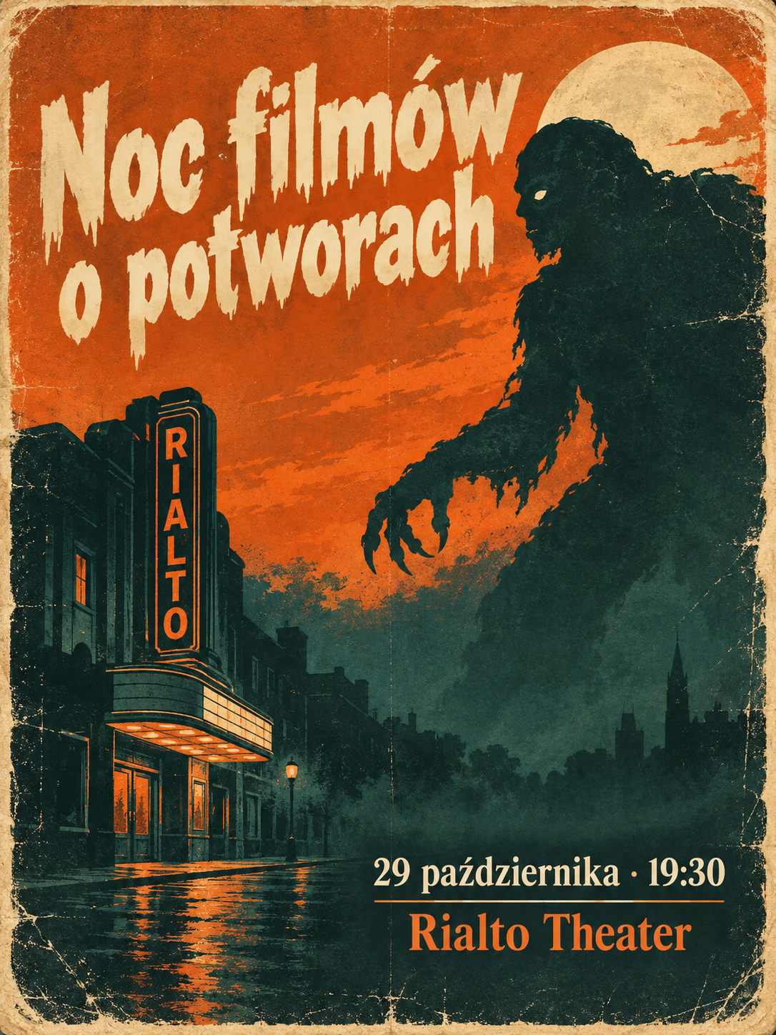 Plakat kina retro w pomarańczu i turkusie