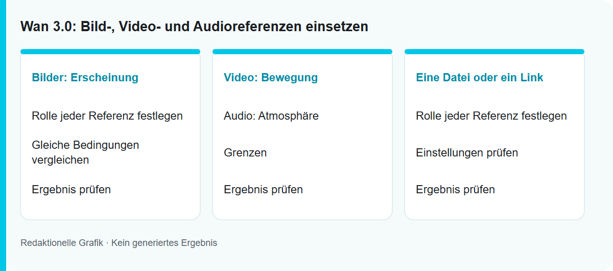 Wan 3.0: Bild-, Video- und Audioreferenzen einsetzen: Redaktionelle Ablaufgrafik, kein getestetes Modellergebnis