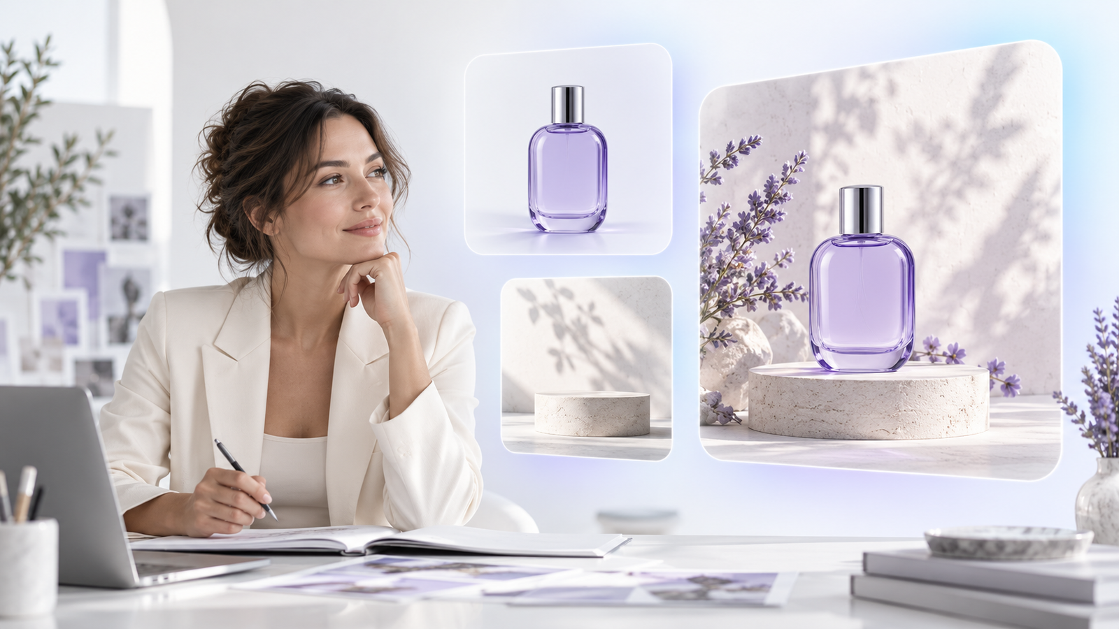 A creator beside glass panels showing a lavender bottle, an empty pedestal scene and an imagined combined composition