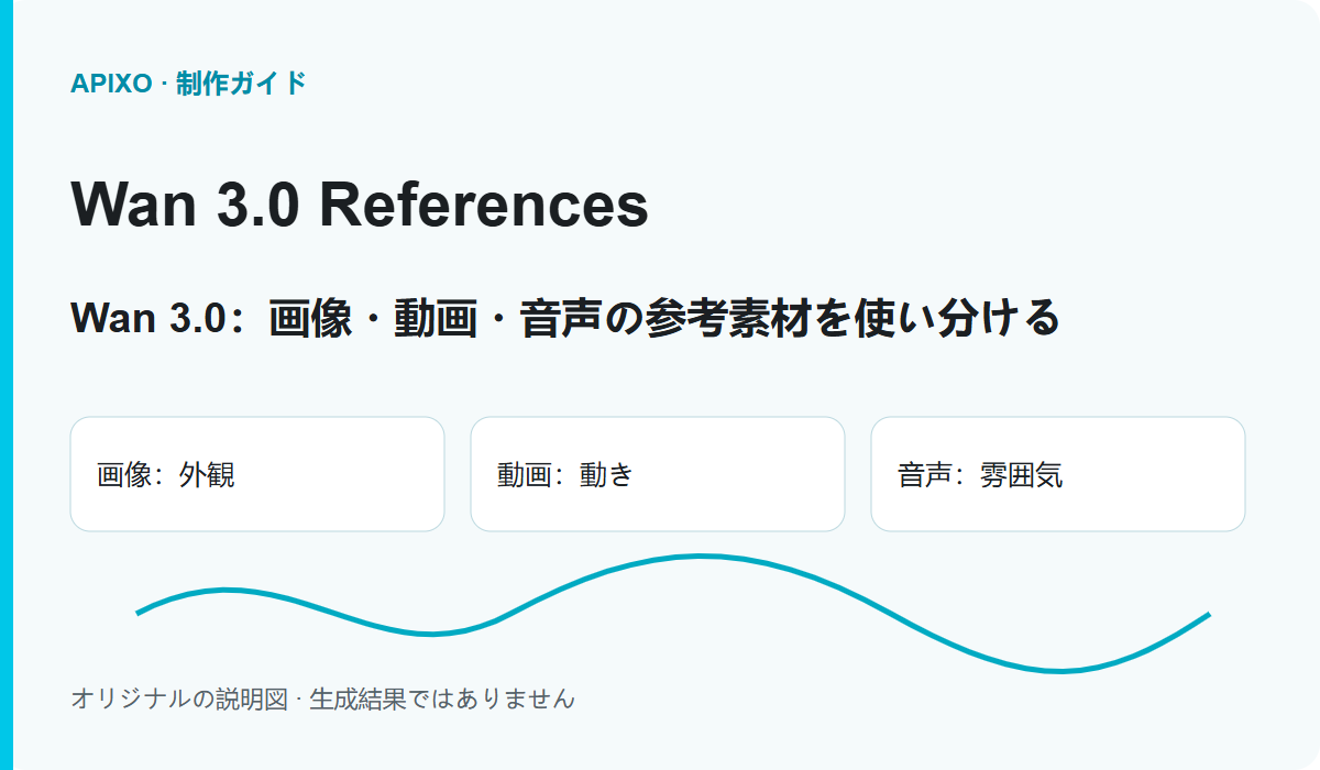 Wan 3.0:画像・動画・音声の参考素材を使い分ける: 記事の内容を説明するカバー図