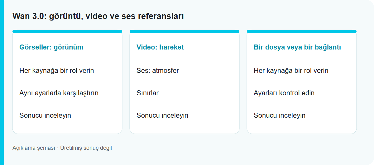 Wan 3.0: görüntü, video ve ses referansları: İş akışı şeması; test edilmiş model çıktısı değildir
