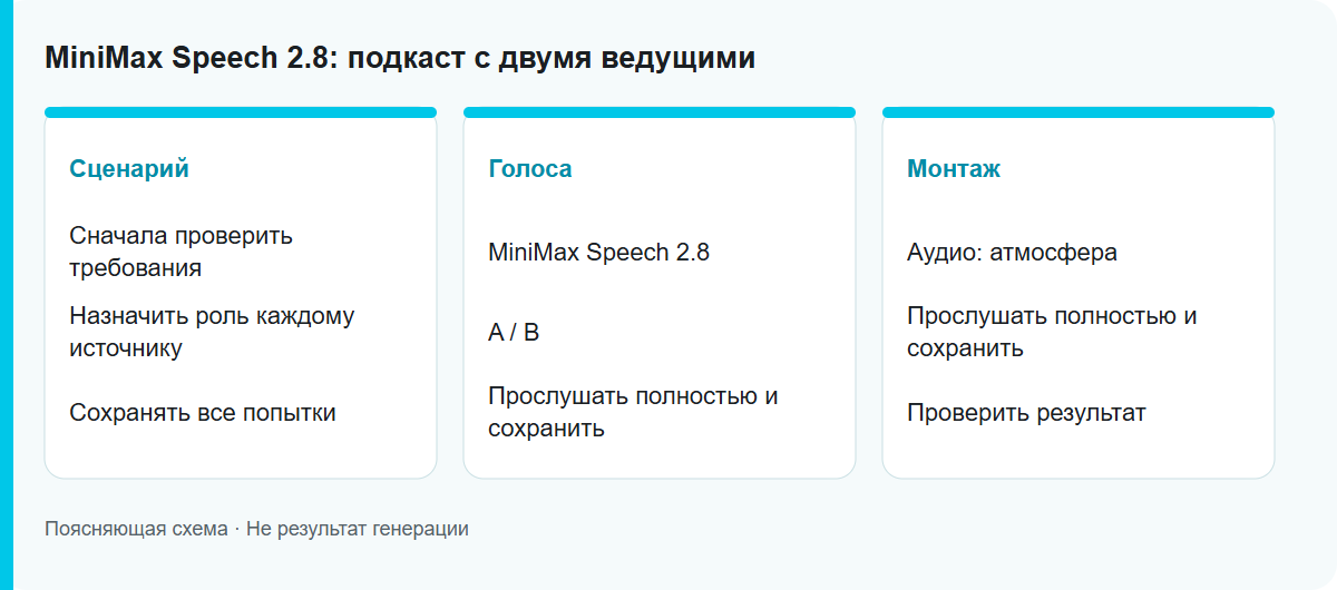 MiniMax Speech 2.8: подкаст с двумя ведущими: Схема процесса, не проверенный результат модели