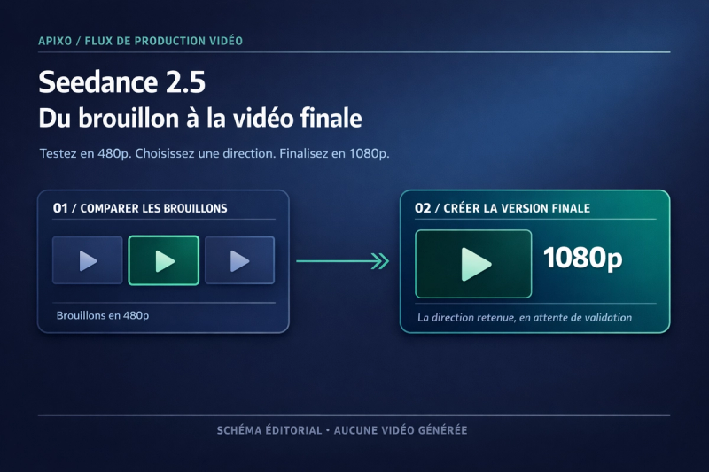 Schéma montrant trois essais vidéo en 480p, puis une version finale en 1080p issue du candidat retenu.