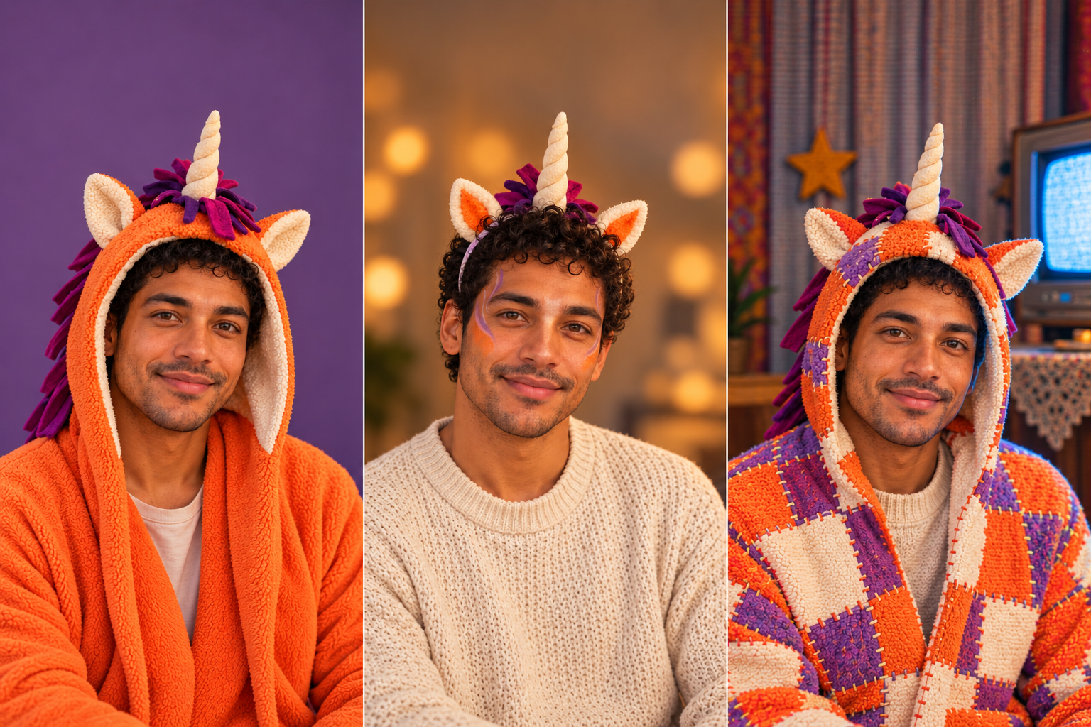 Concept comparison of open-face unicorn hood, orange stage makeup and a patchwork television host
