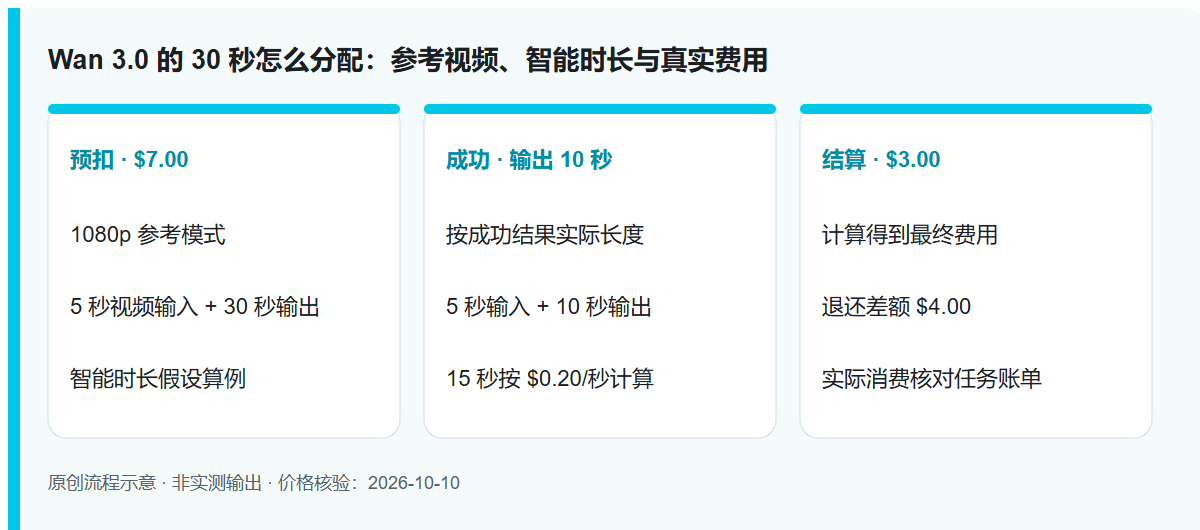 Wan 3.0 的 30 秒怎么分配：参考视频、智能时长与真实费用: 原创流程示意，非模型实测输出