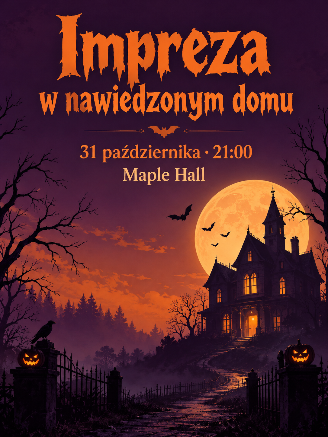 Pomarańczowo-fioletowy plakat z nawiedzonym domem