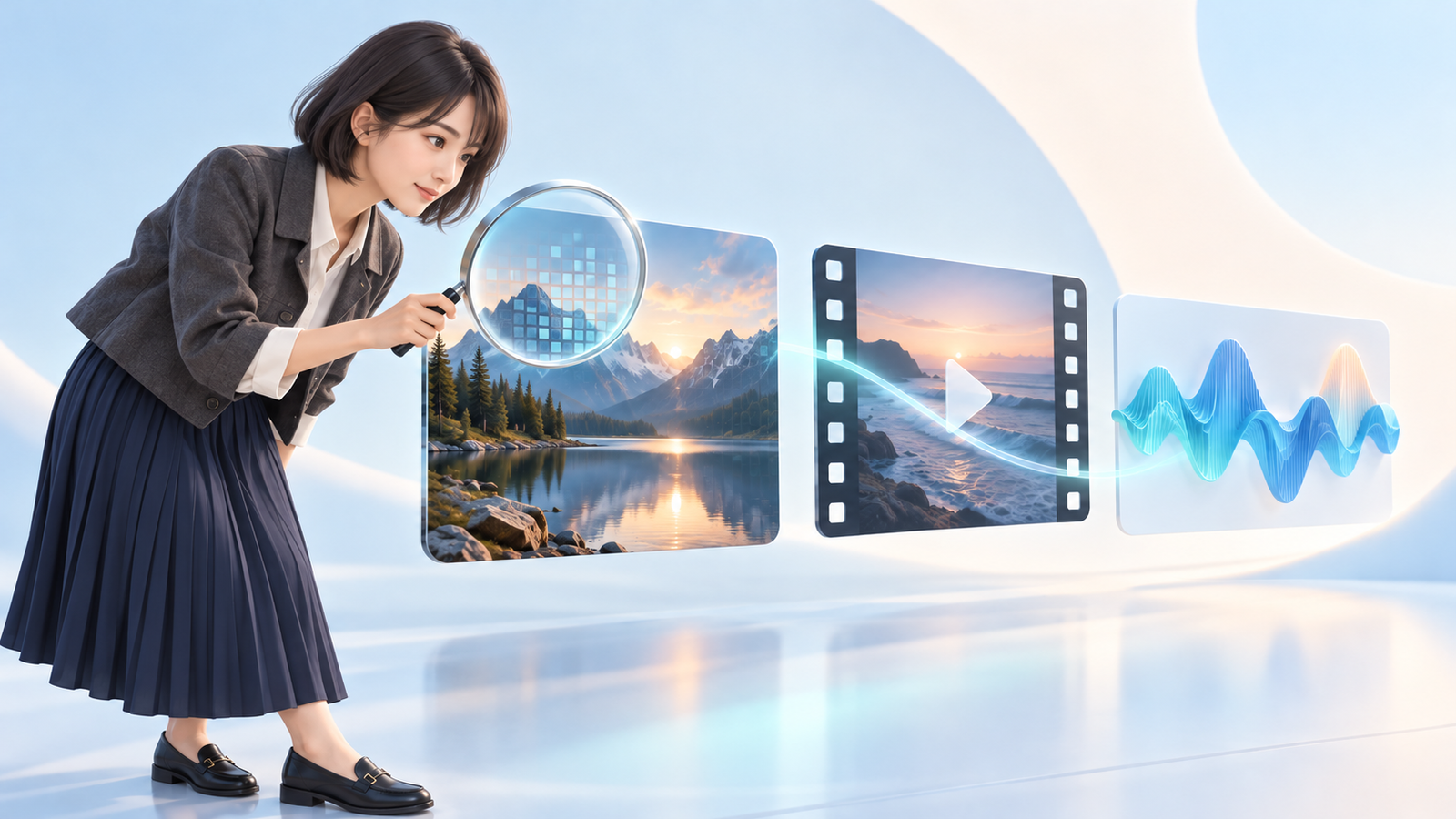 現代的な重ね着の成人女性探偵が拡大鏡で画像・動画・音声カードを確認するイラスト