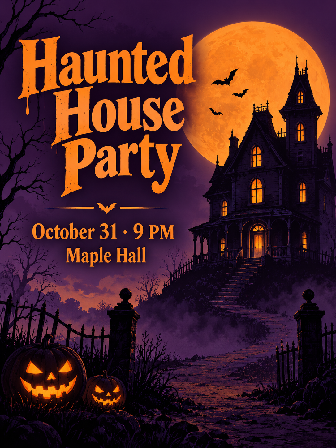 An orange-and-purple haunted-house party poster