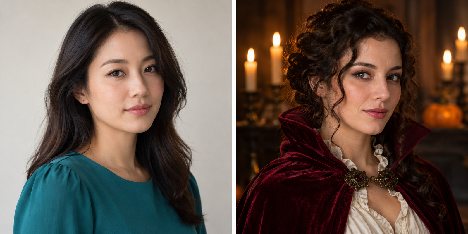 Two conceptual inputs: a plain face-reference portrait on the left and a different person in a vampire costume as the target on the right.