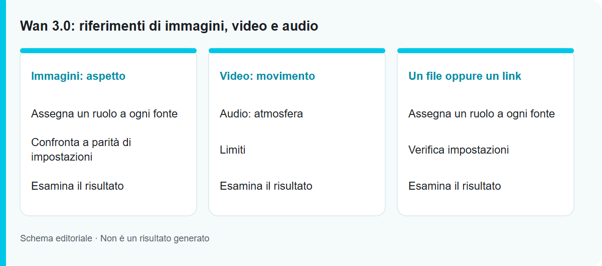 Wan 3.0: riferimenti di immagini, video e audio: Schema del processo, non un risultato del modello testato