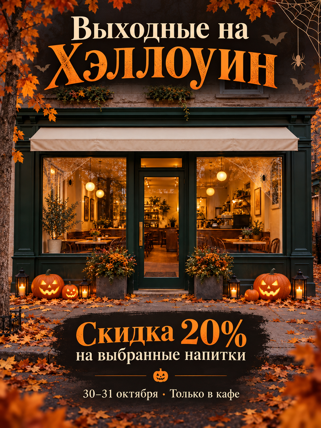 Афиша акции на Хэллоуин с фасадом кафе