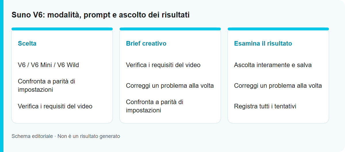 Suno V6: modalità, prompt e ascolto dei risultati: Schema del processo, non un risultato del modello testato