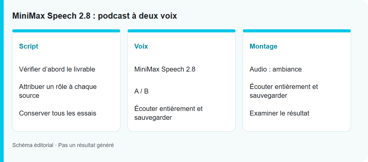 MiniMax Speech 2.8 : podcast à deux voix: Schéma du processus, pas un résultat de modèle testé