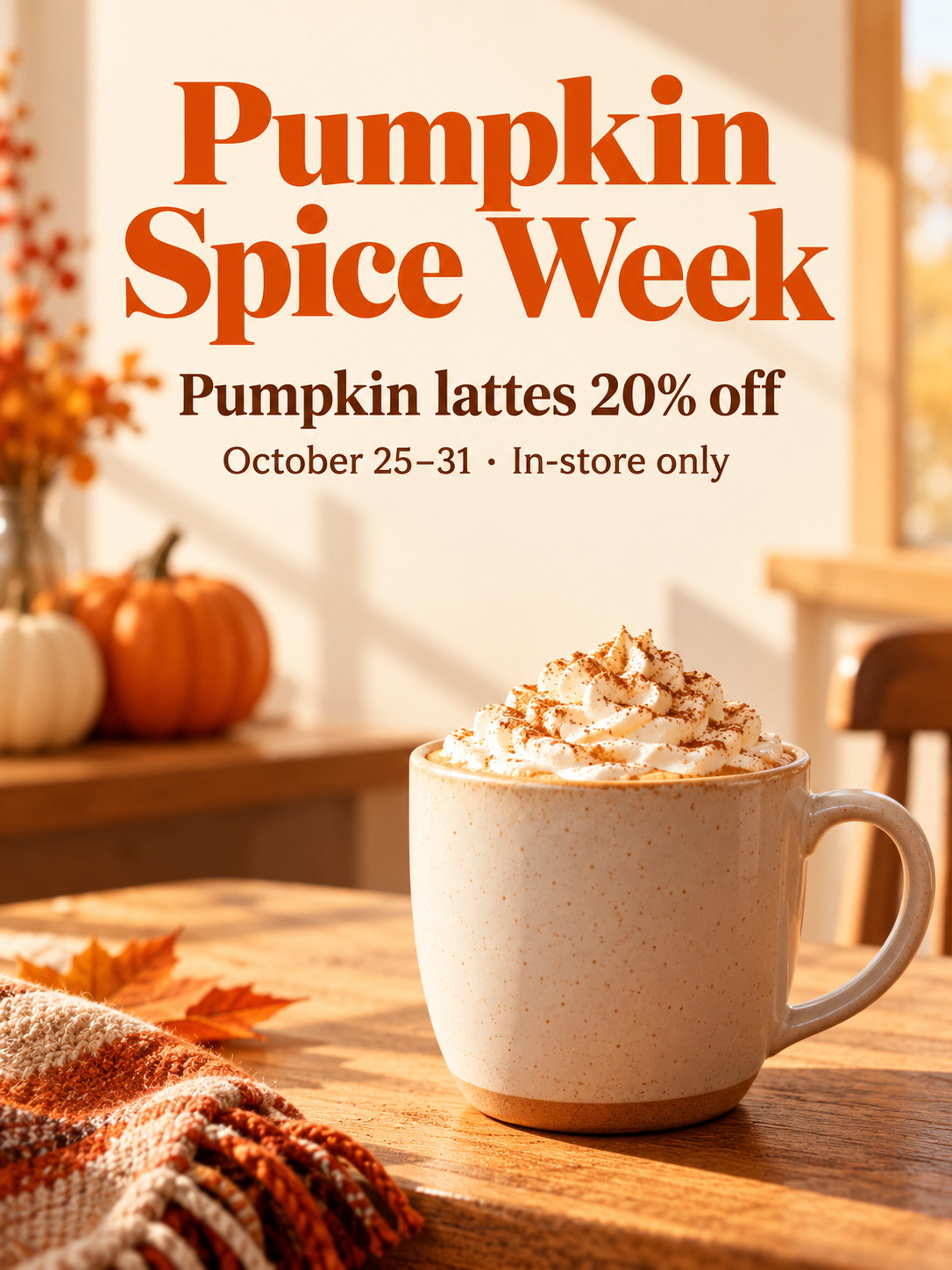 A warm coffee shop poster featuring a pumpkin-latte offer