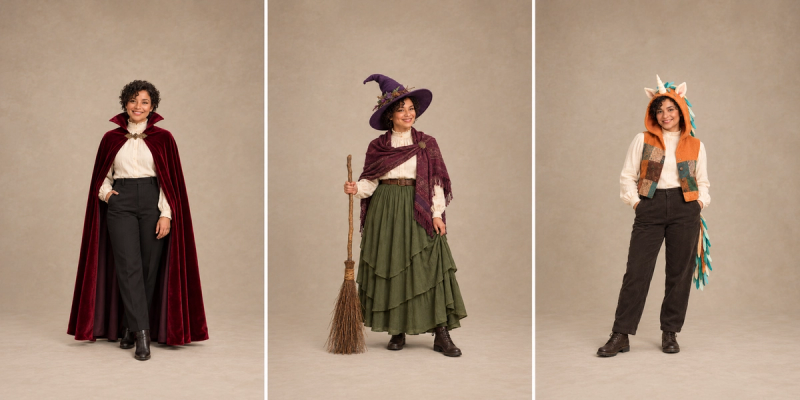 Three original costume concepts: a vampire cape, a woodland witch outfit and an open-face unicorn hood