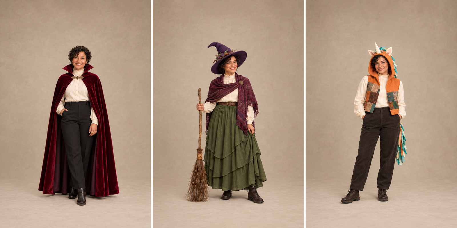 Three original costume concepts: a vampire cape, a woodland witch outfit and an open-face unicorn hood