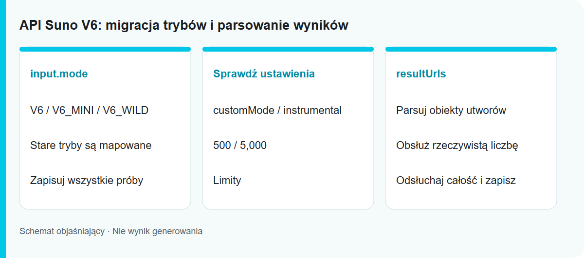 API Suno V6: migracja trybów i parsowanie wyników: Schemat procesu, nie przetestowany wynik modelu
