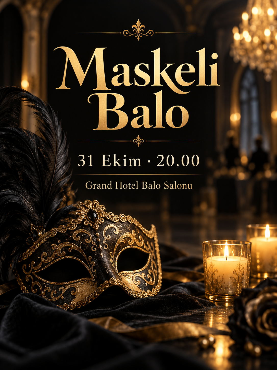 Maske ve mumlarla siyah-altın balo afişi