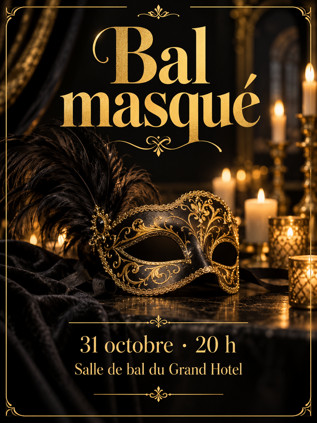 Affiche de bal masqué noire et dorée avec bougies