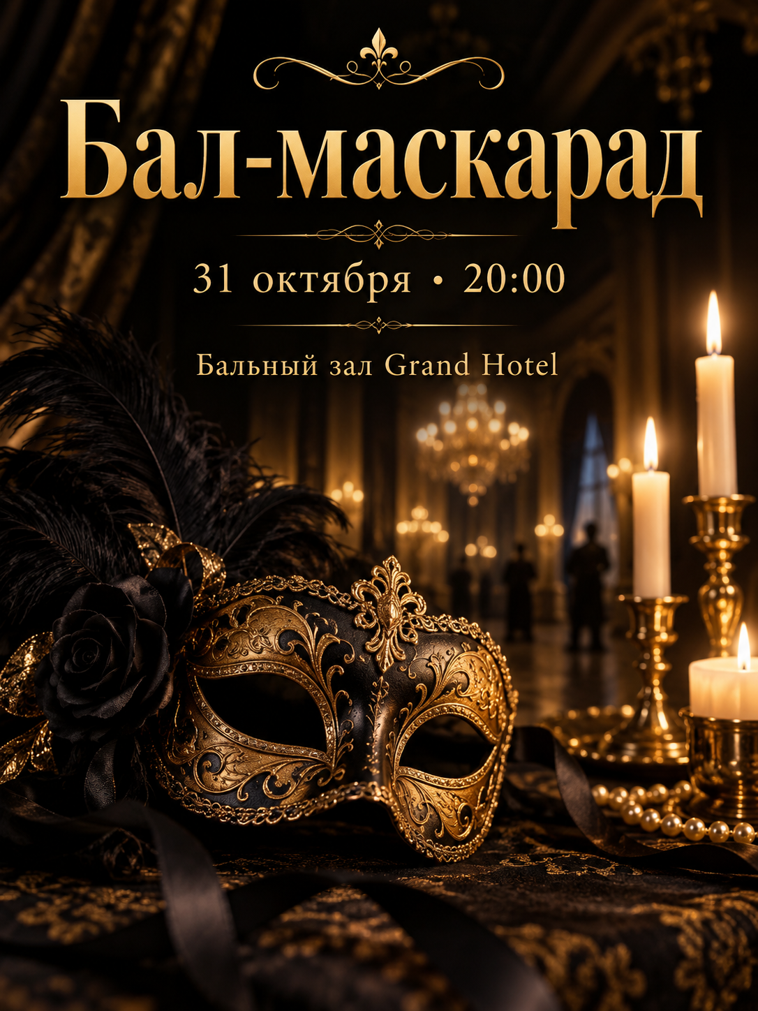 Чёрно-золотая афиша маскарада с маской и свечами