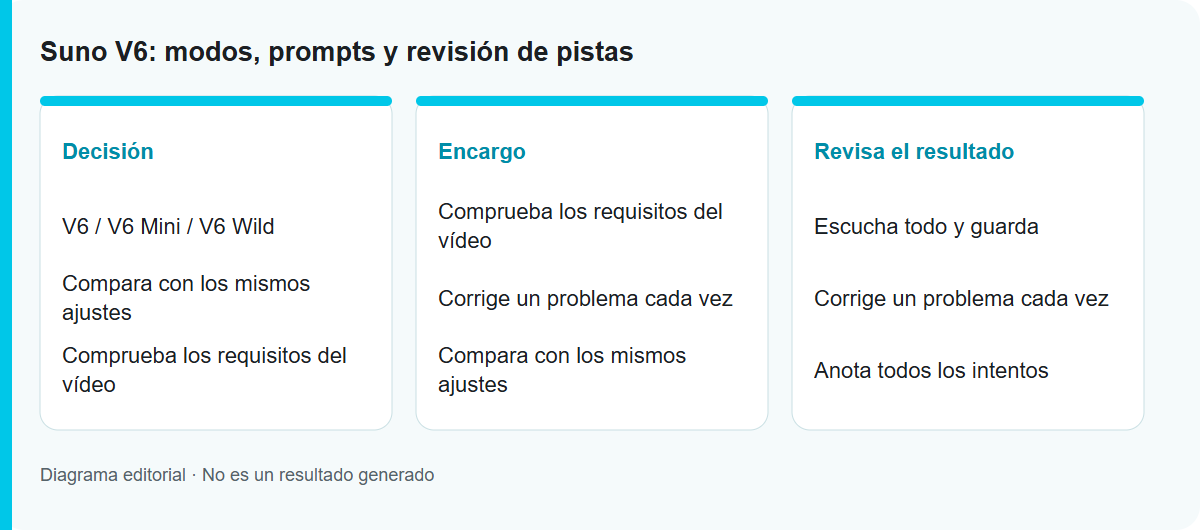 Suno V6: modos, prompts y revisión de pistas: Diagrama del proceso, no un resultado probado del modelo