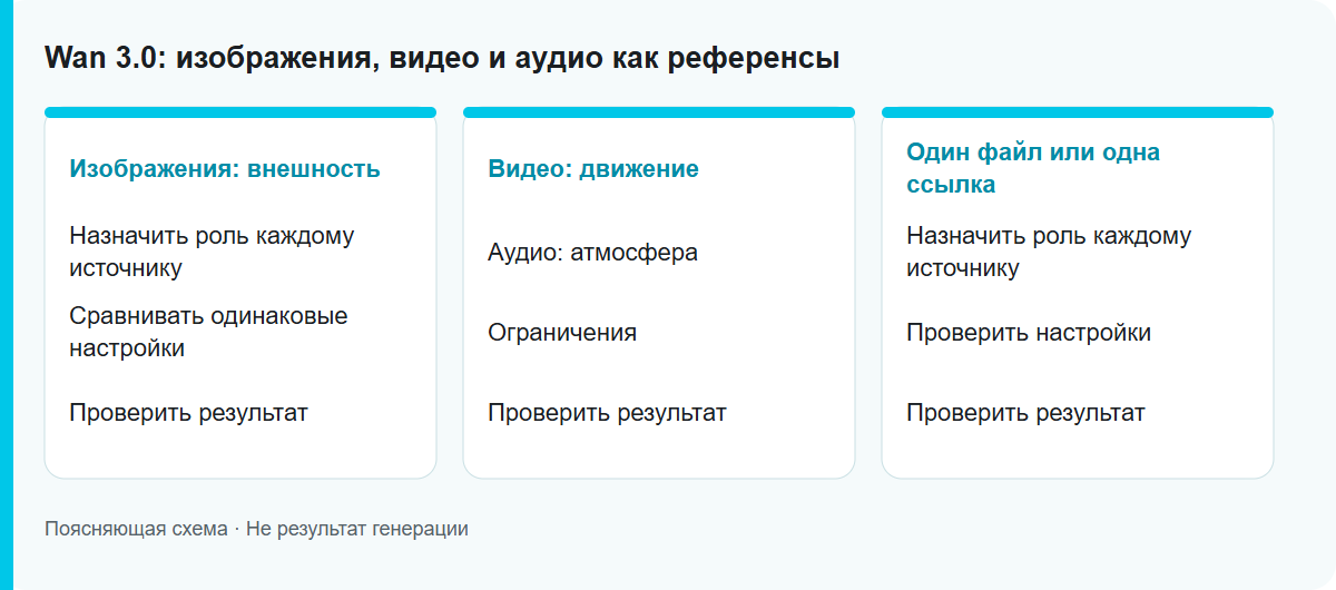 Wan 3.0: изображения, видео и аудио как референсы: Схема процесса, не проверенный результат модели