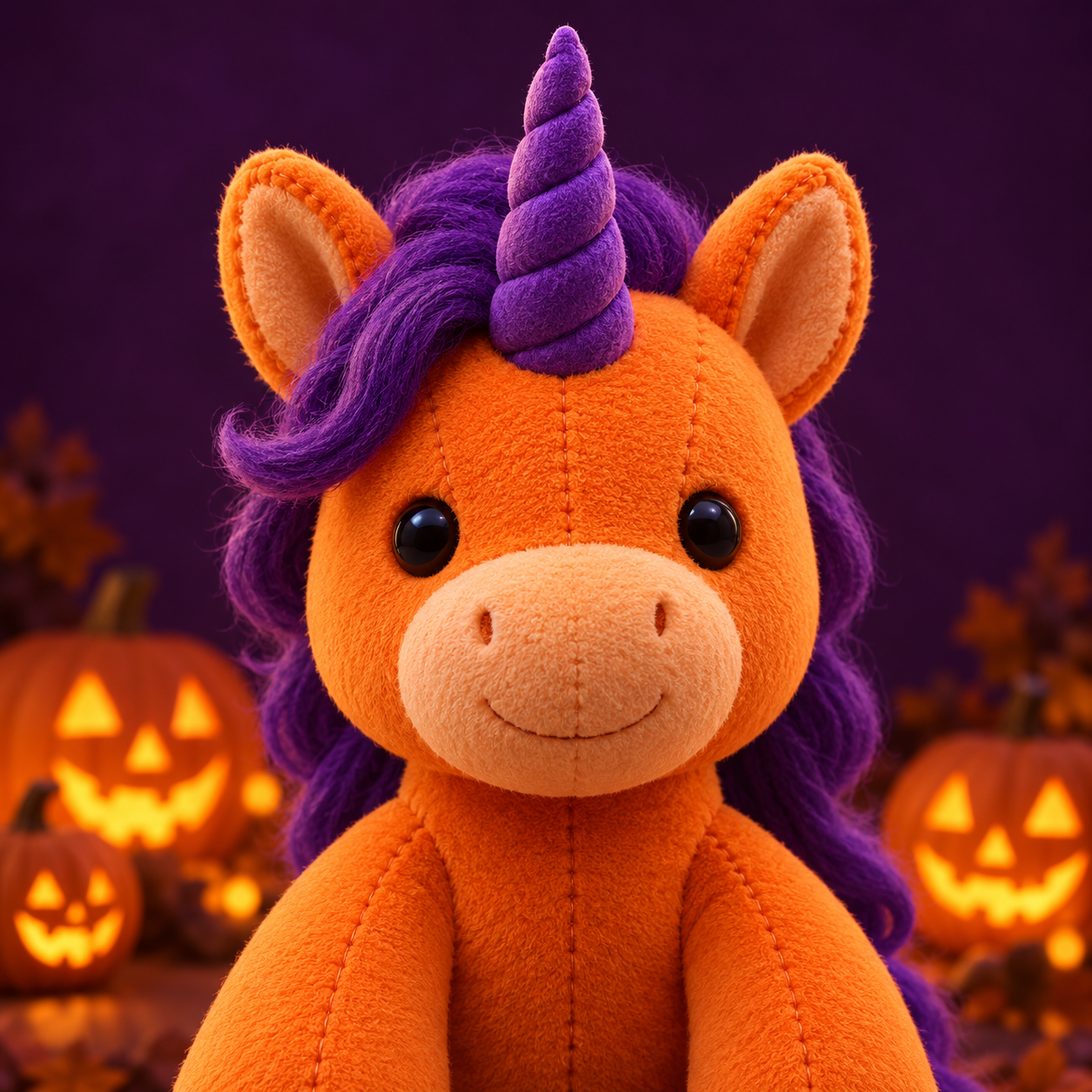 Warmly lit orange plush unicorn with purple mane and glowing pumpkins