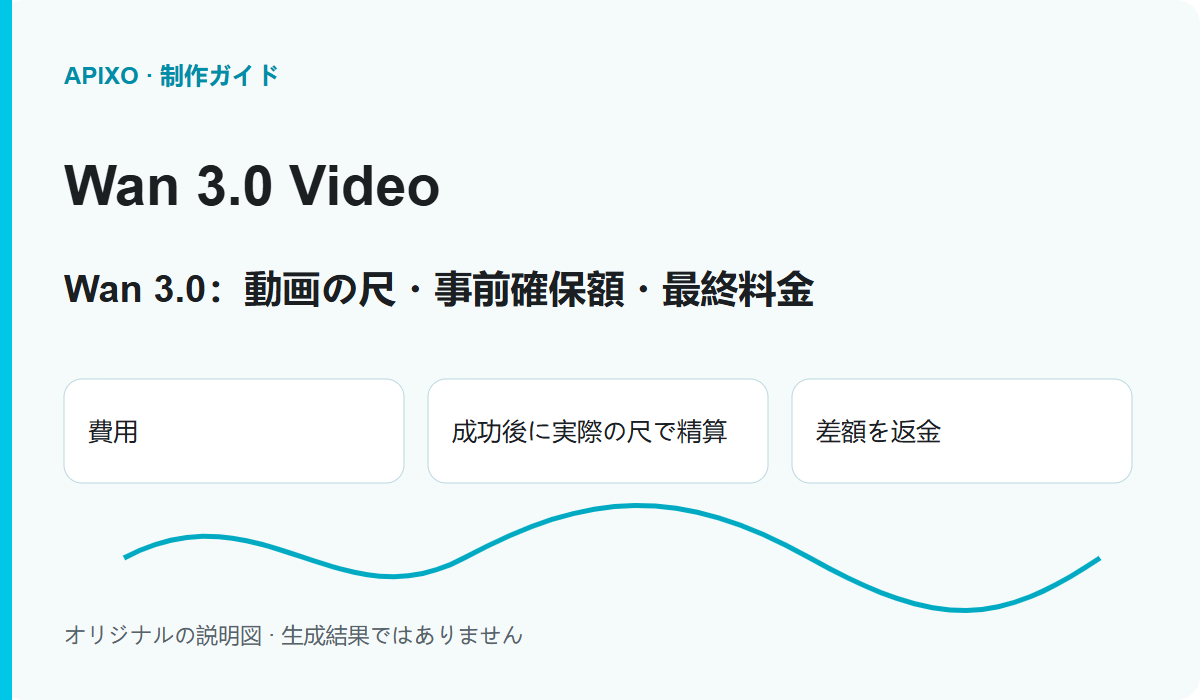 Wan 3.0:動画の尺・事前確保額・最終料金: 記事の内容を説明するカバー図