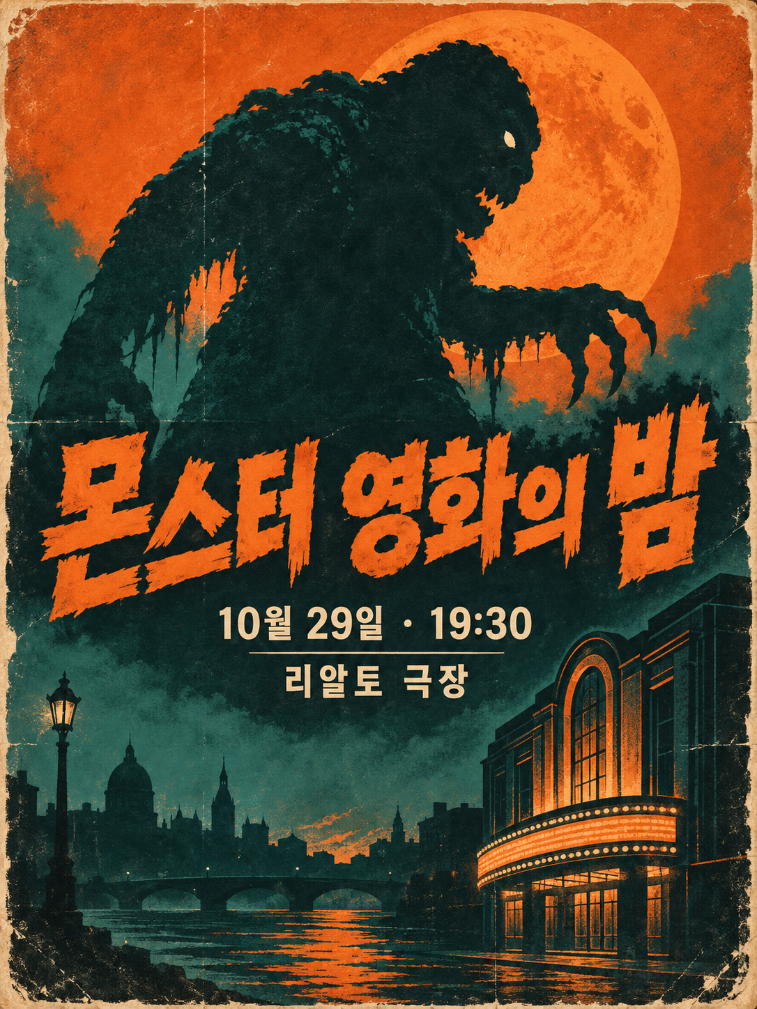 주황색과 청록색의 복고풍 영화 포스터
