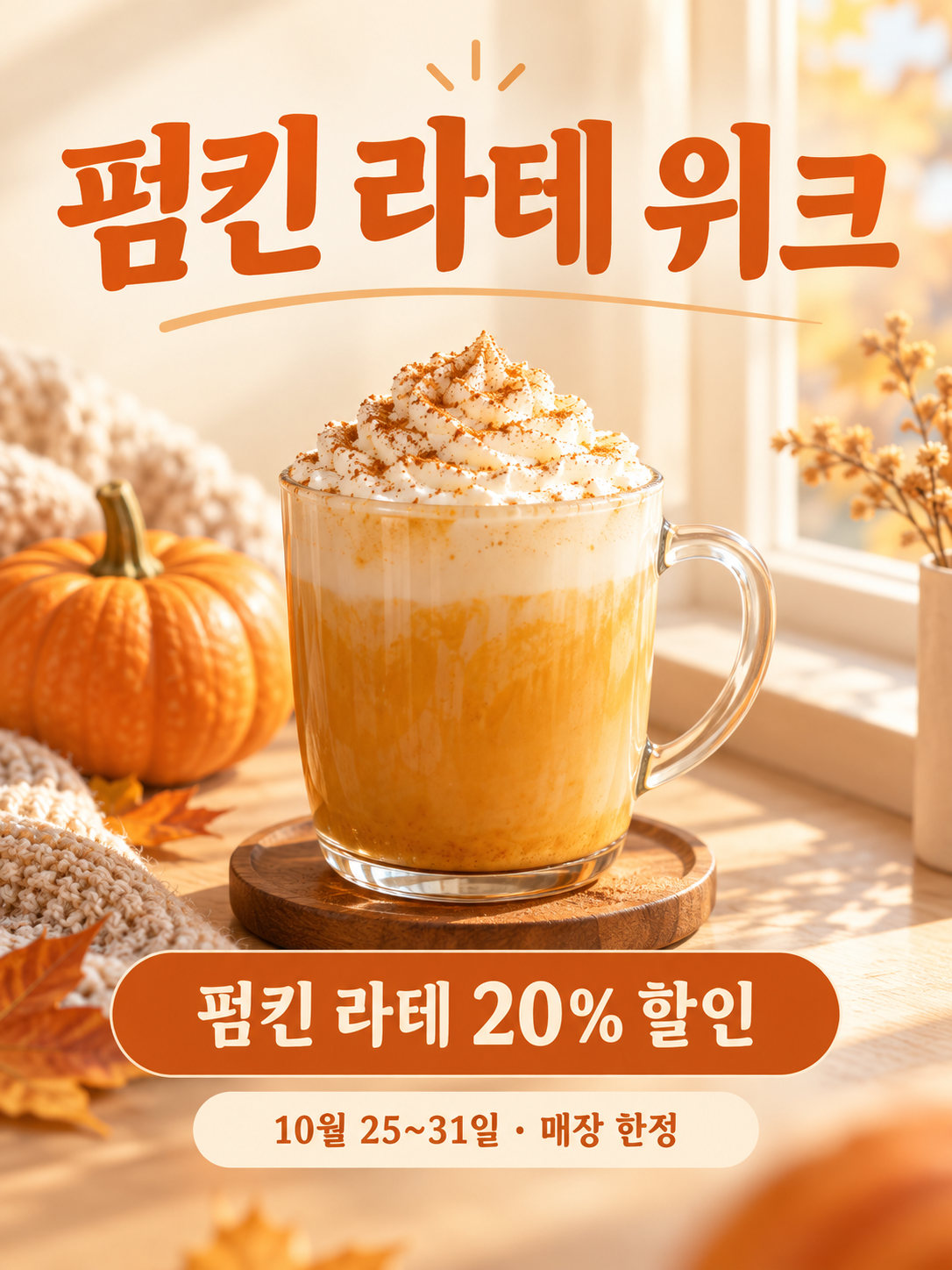 펌킨 라테 할인 혜택을 강조한 따뜻한 카페 포스터