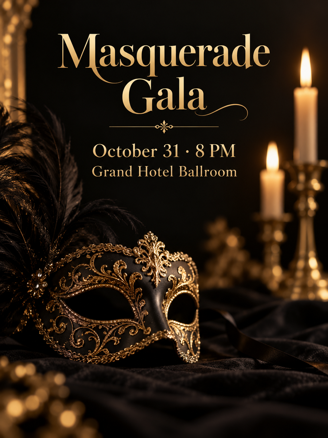 A black-and-gold masquerade poster with a mask and candlelight