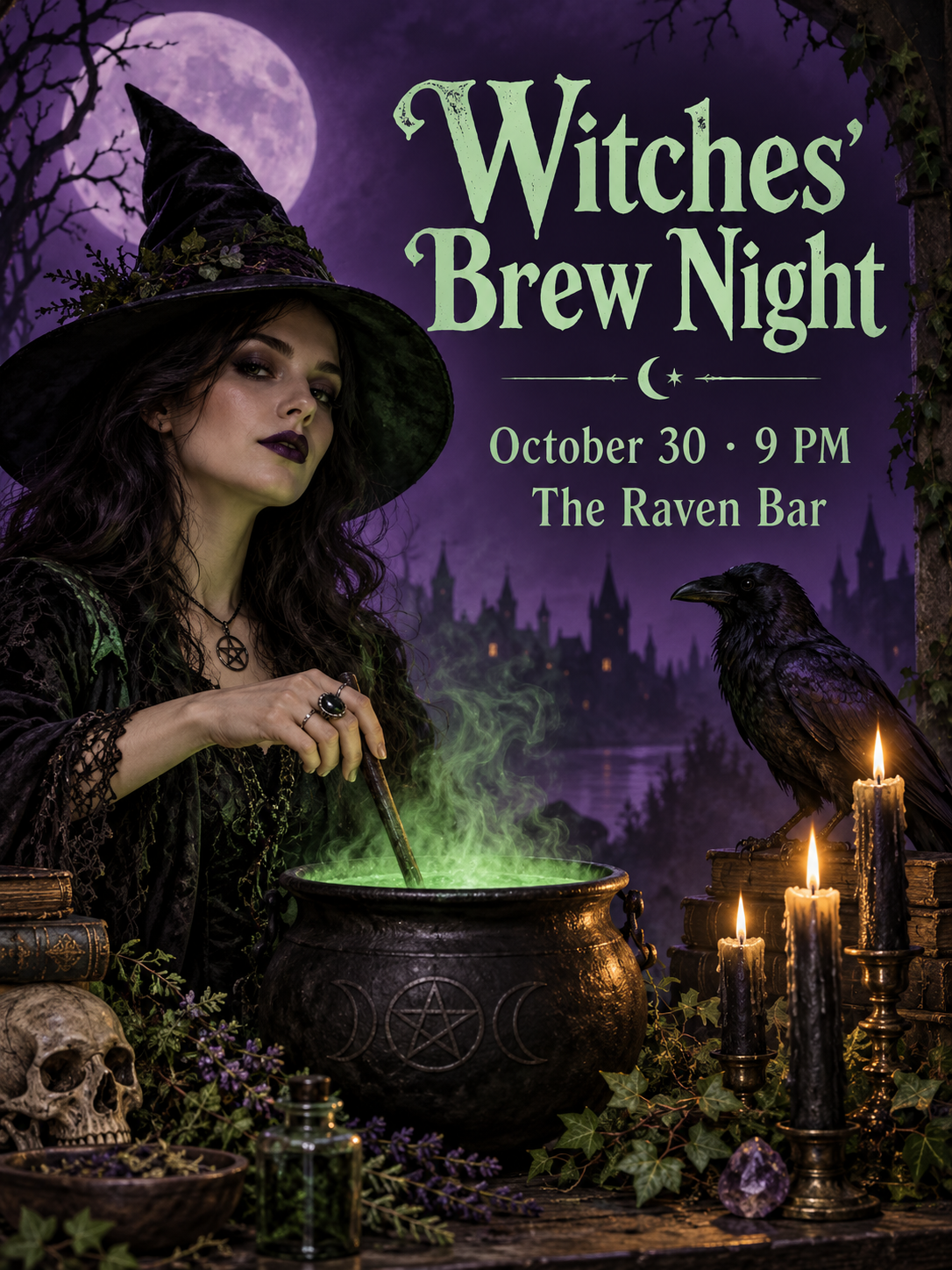 A purple-and-green gothic witch-night poster
