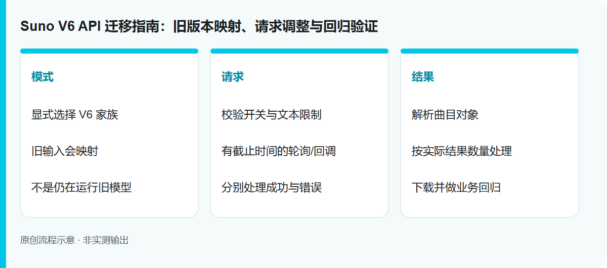 Suno V6 API 迁移指南:旧版本映射、请求调整与回归验证: 原创流程示意,非模型实测输出