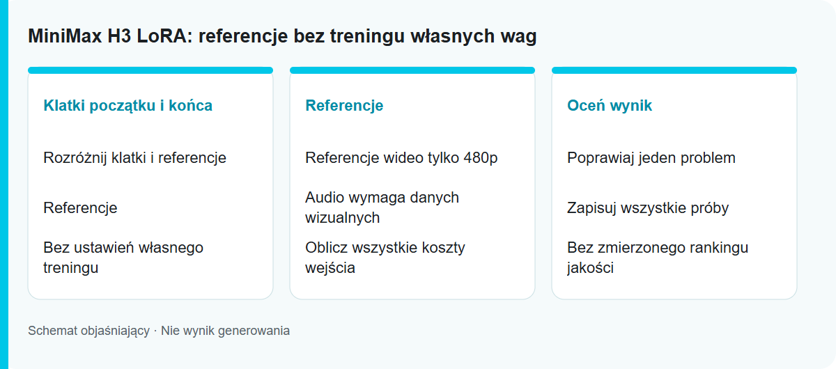 MiniMax H3 LoRA: referencje bez treningu własnych wag: Schemat procesu, nie przetestowany wynik modelu