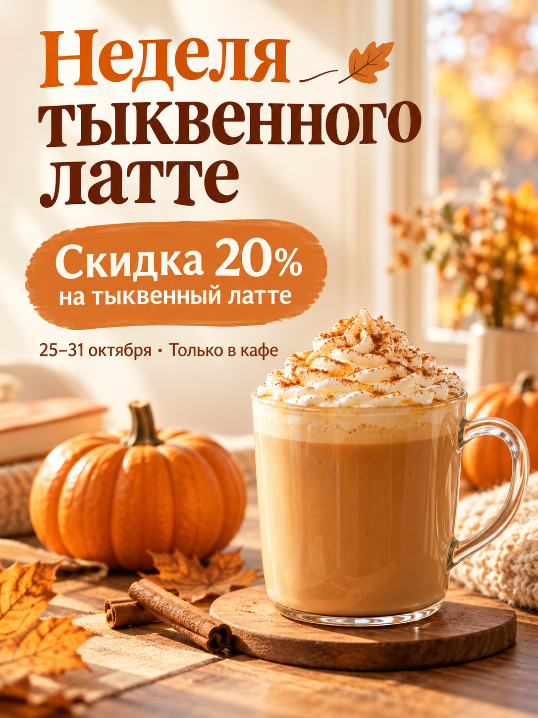 Тёплая афиша кафе со скидкой на тыквенный латте