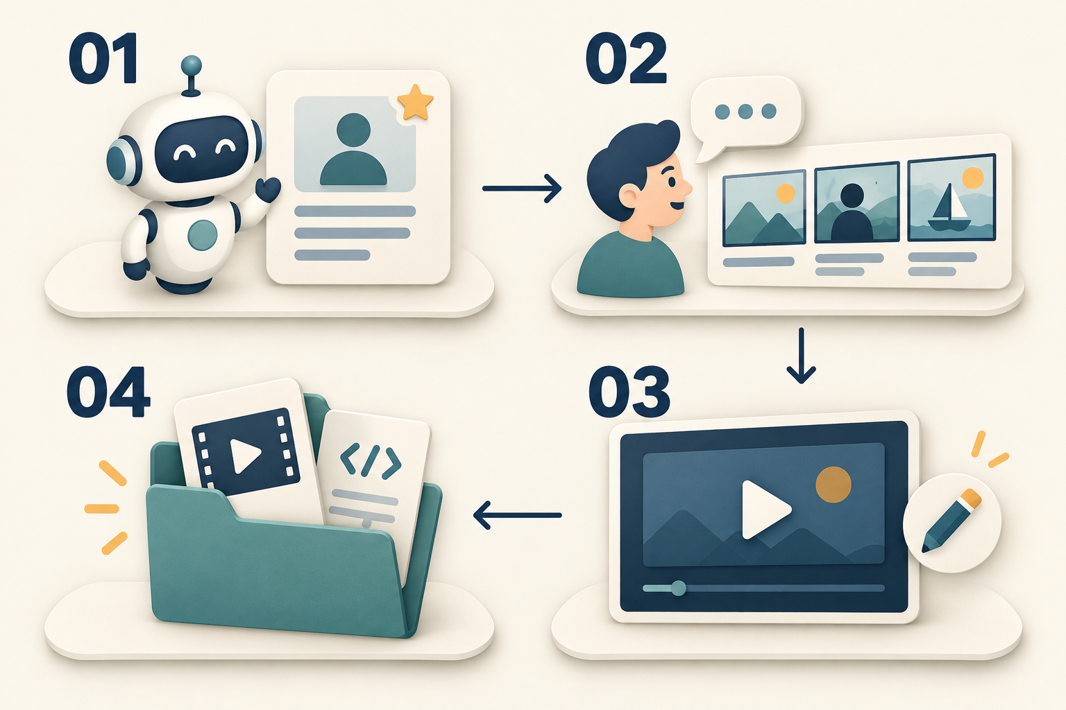 Four steps: create a video Bot, send a brief, preview and revise, and save the project.