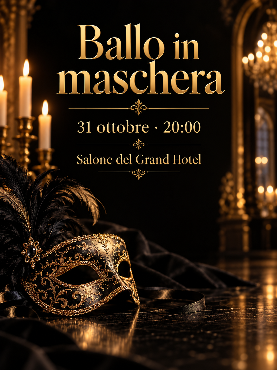 Poster nero e oro con maschera e candele