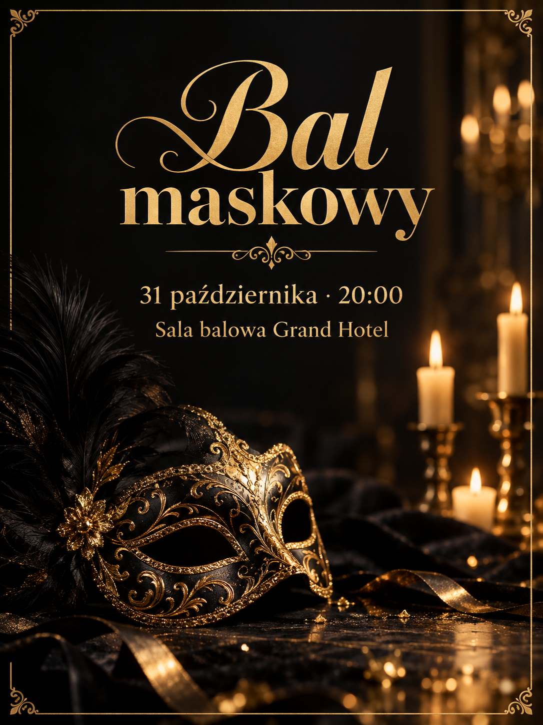 Czarno-złoty plakat balu z maską i świecami