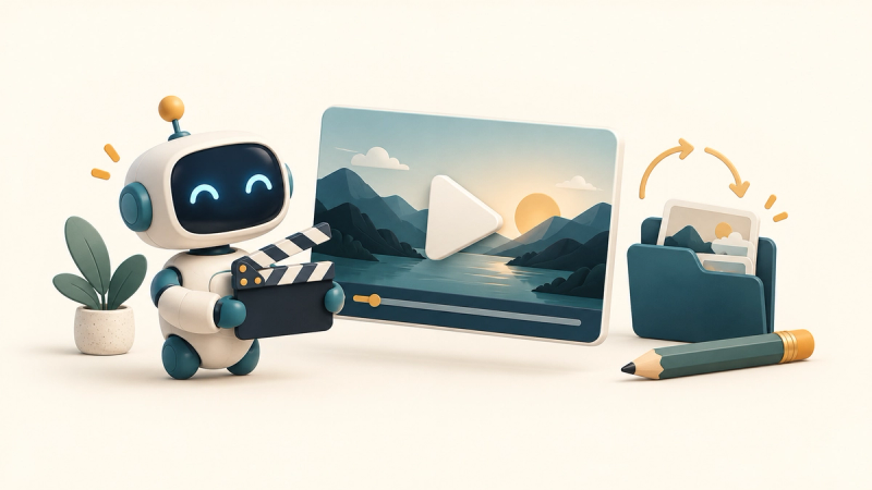 Video Bot with a clapperboard, video player and project folder.