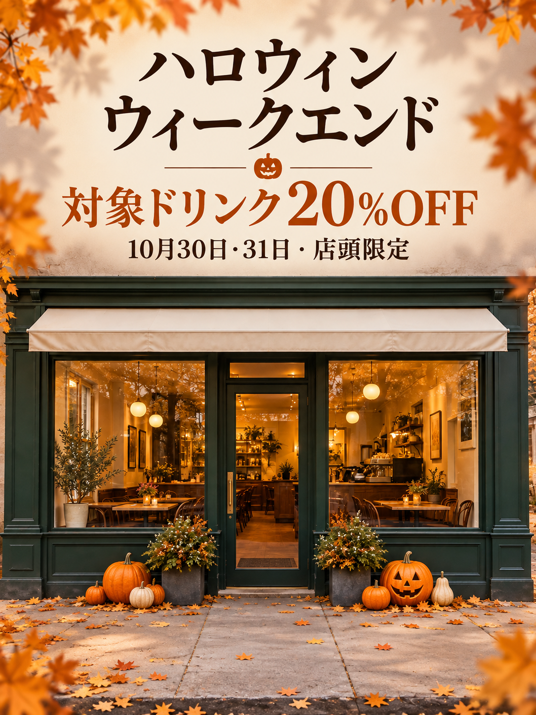 カフェの入口と窓を中心にしたハロウィン販促ポスター