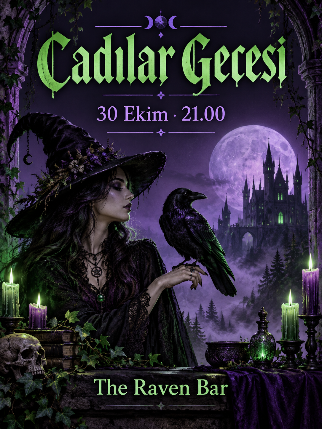 Mor ve yeşil gotik cadı gecesi afişi
